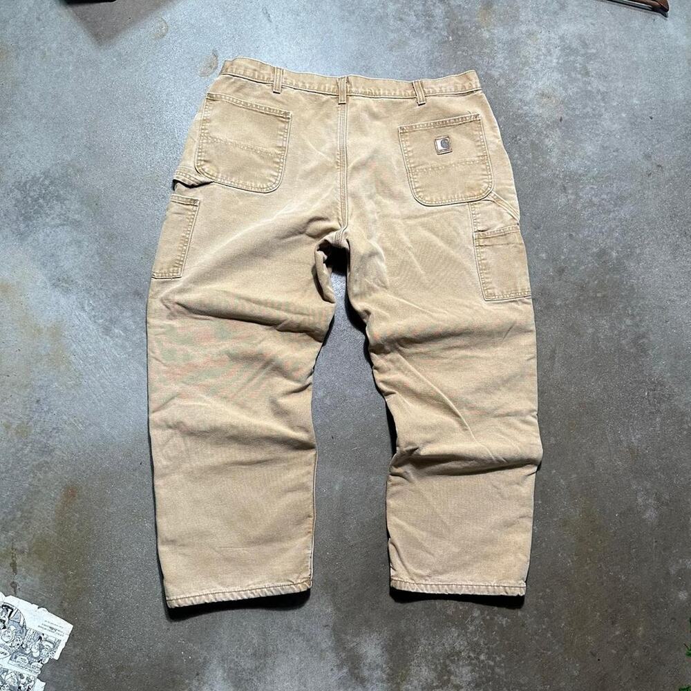 Vintage Carhartt Tan Blanket Flannel Lined Carpenter Pants Mens 42x30 Jeans - Picture 2 of 6